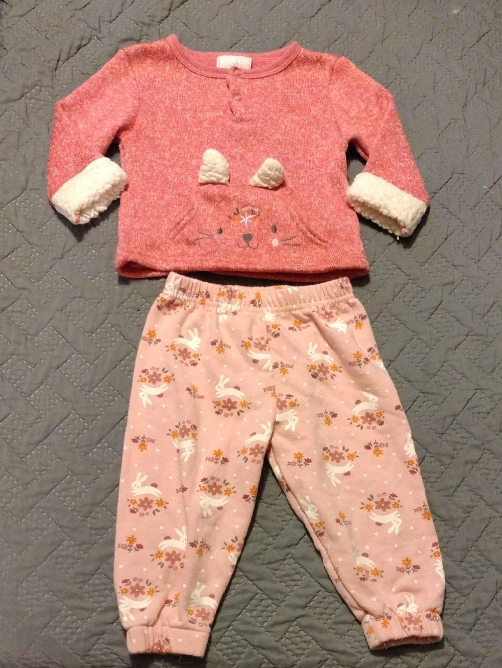 Girls Pink Bunny Two-Piece Set with Sherpa Cuff Top
